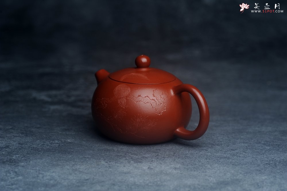 紫砂壶图片：美壶特惠紫砂壶优质朱泥扁西施壶 装饰松针松鼠 秋韵图 - 美壶网