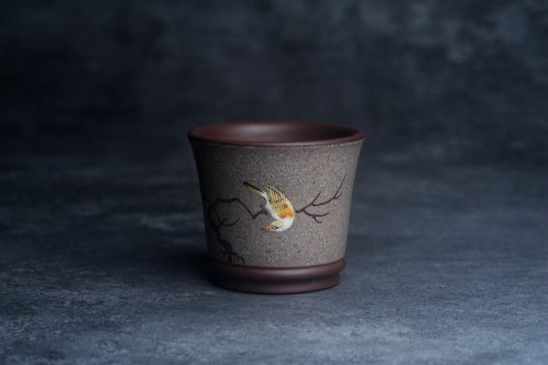 美壶定制紫砂壶 美美杯特惠 精致花鸟紫泥粉青灰段泥主人杯 特文气 