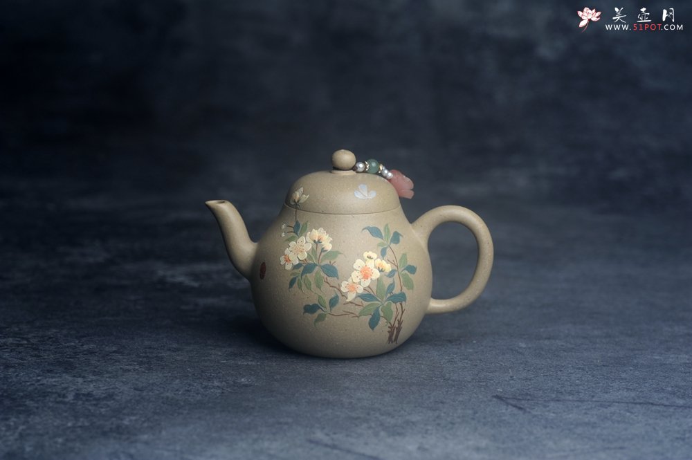 紫砂壶图片：美壶特惠优质本山绿泥泥绘玉簪花梨形 - 美壶网