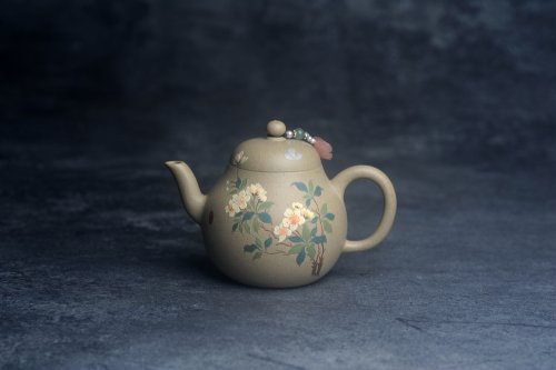 美壶定制老师紫砂壶 美壶特惠优质本山绿泥泥绘玉簪花梨形 本山绿泥