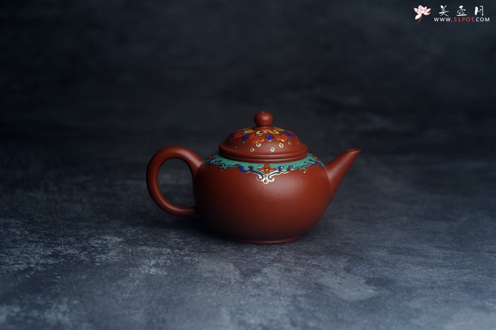 紫砂壶图片：美壶特惠 优质朱泥宫廷风格珐琅彩水平壶 茶人醉爱 - 美壶网