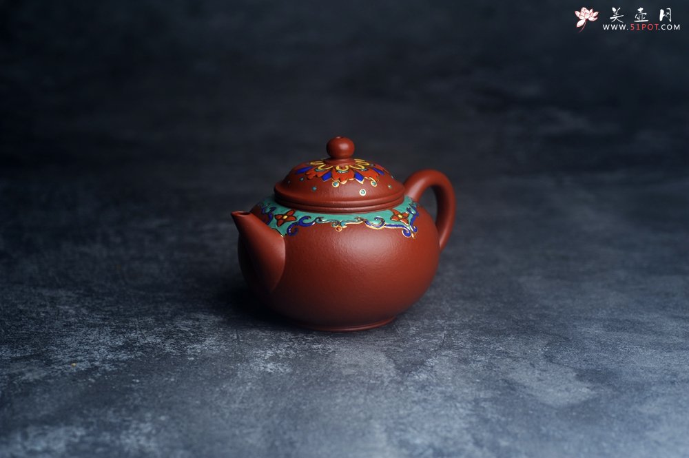 紫砂壶图片：美壶特惠 优质朱泥宫廷风格珐琅彩水平壶 茶人醉爱 - 美壶网