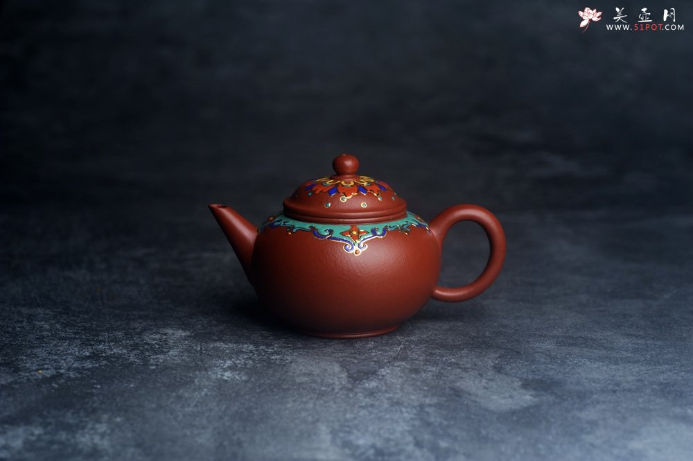 紫砂壶图片：美壶特惠 优质朱泥宫廷风格珐琅彩水平壶 茶人醉爱 - 美壶网