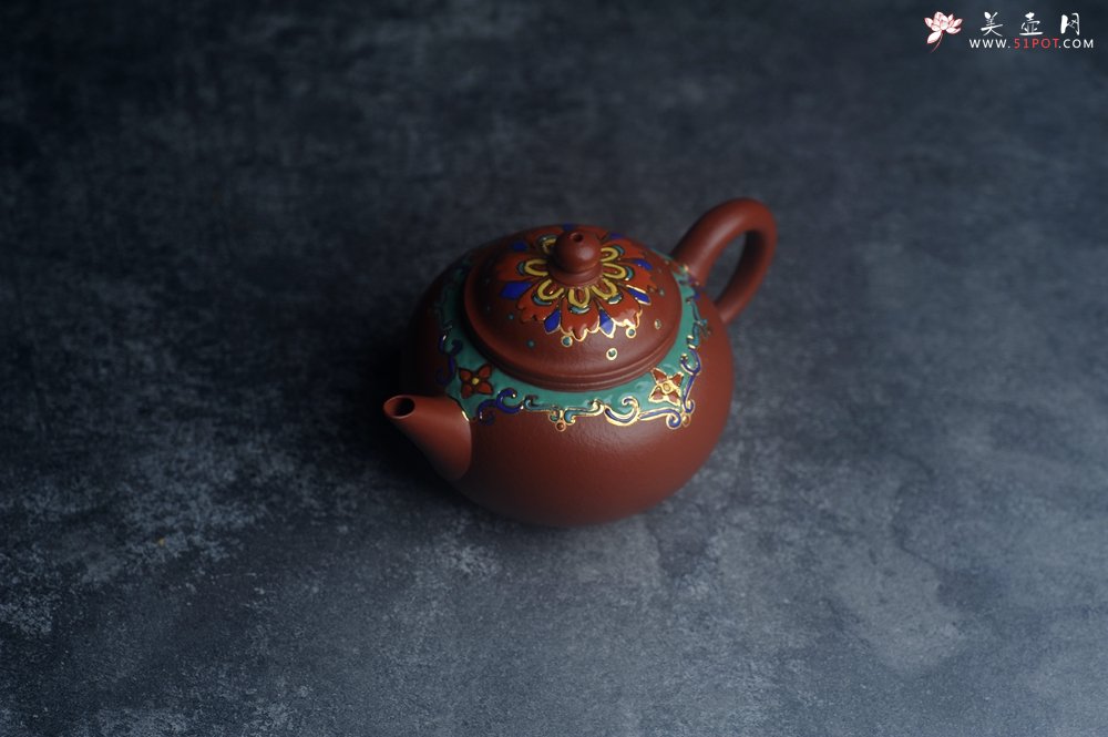 紫砂壶图片：美壶特惠 优质朱泥宫廷风格珐琅彩水平壶 茶人醉爱 - 美壶网