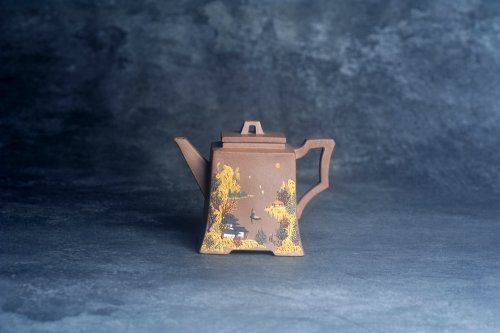 美壶定制老师紫砂壶 美壶特惠 特好老段泥方钟壶 泥绘山水特文气 老段泥