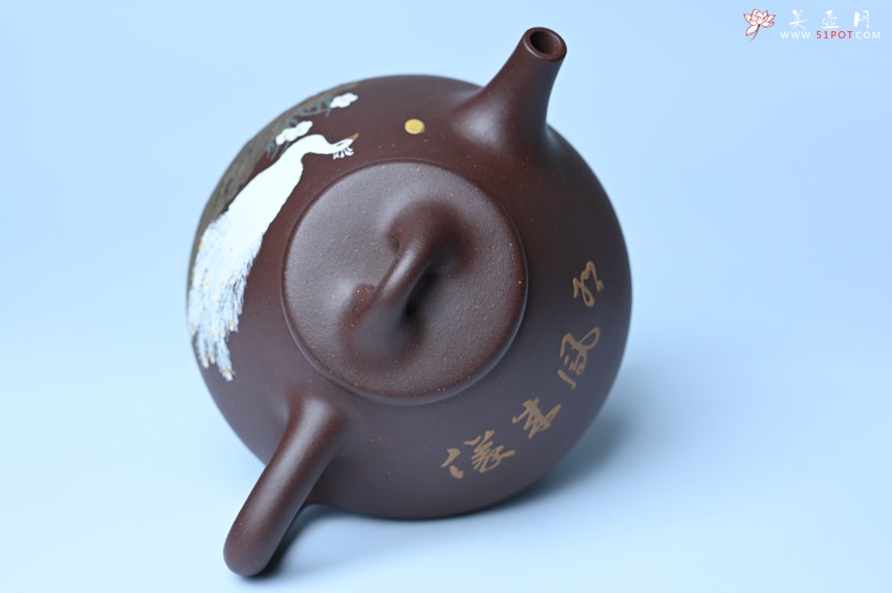 紫砂壶图片：实力派工艺师周斌全手工紫玉金砂子冶石瓢 刻绘孔雀 特文气 - 美壶网