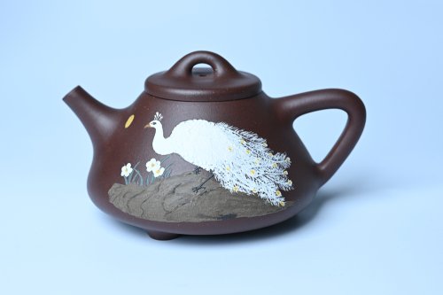 周斌紫砂壶 实力派工艺师周斌全手工紫玉金砂子冶石瓢 刻绘孔雀 特文气 原矿紫泥