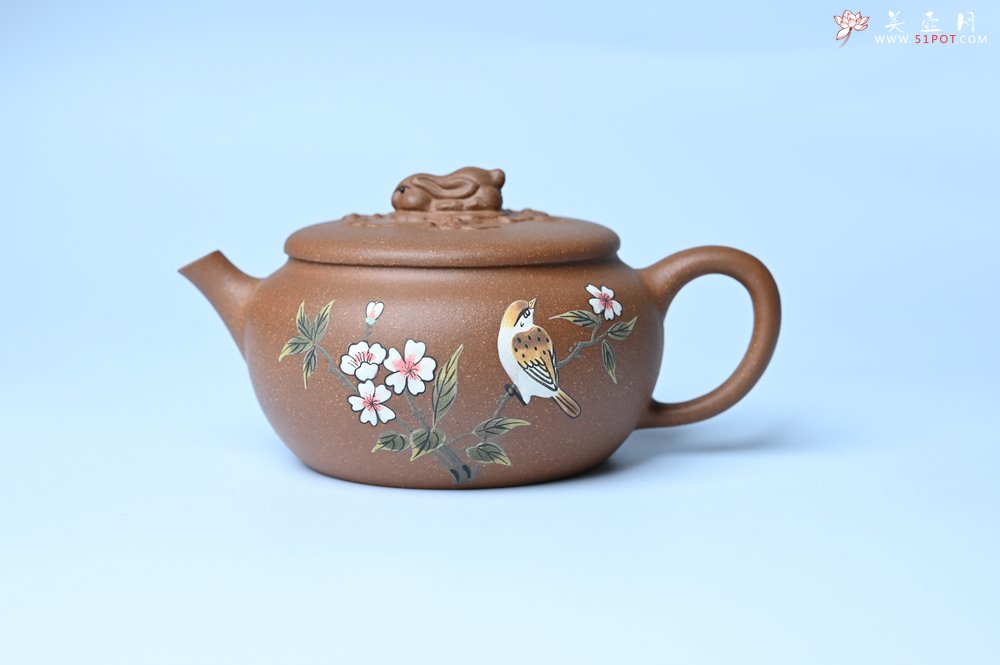 紫砂壶图片：美壶特惠 优质降坡泥花鸟听兔壶 茶人醉爱 - 美壶网
