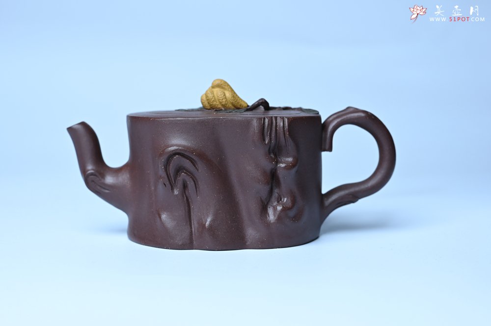 紫砂壶图片：美壶特惠 精致老紫泥佛手壶 肌理生动 底部刻佛手祥云特文气 - 美壶网