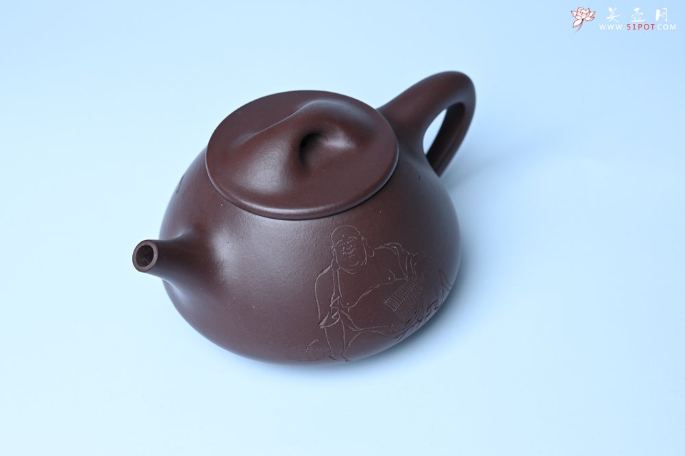 紫砂壶图片：油润底曹青 全手工景舟小石瓢 装饰人物 特文气 - 美壶网