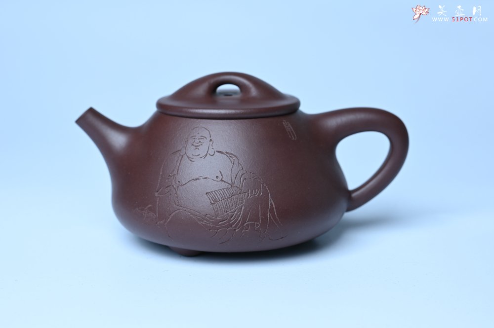紫砂壶图片：油润底曹青 全手工景舟小石瓢 装饰人物 特文气 - 美壶网