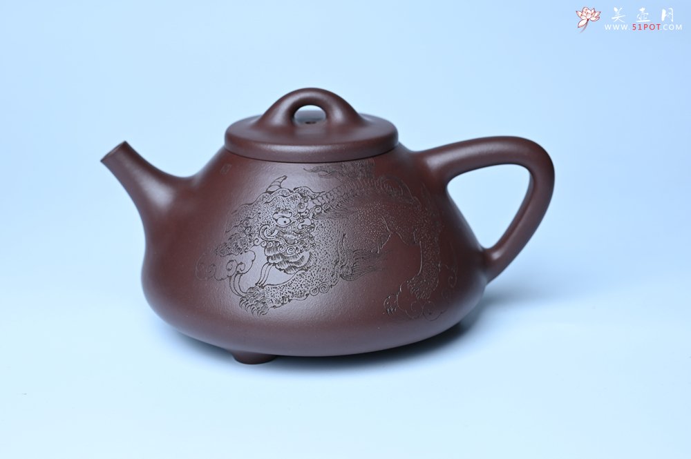 紫砂壶图片：特油润底曹青 全手工子冶石瓢 助工装饰菩萨坐骑瑞兽 - 美壶网