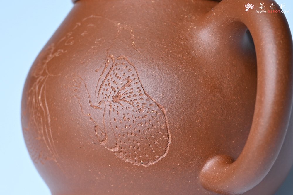 紫砂壶图片：美壶特惠 王老师 全手工红降坡泥潘壶 国助工 易轩 范小君徒杨志老师刻绘 装饰小富贵特文气 - 美壶网