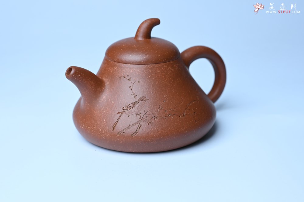 紫砂壶图片：美壶特惠 潜力股王老师 全手工拍打成型茄瓢壶 装饰枯枝鸟 特文气 - 美壶网