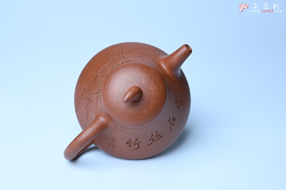 紫砂壶图片：美壶特惠 潜力股王老师 全手工拍打成型茄瓢壶 装饰居不可无竹 特文气 - 美壶网