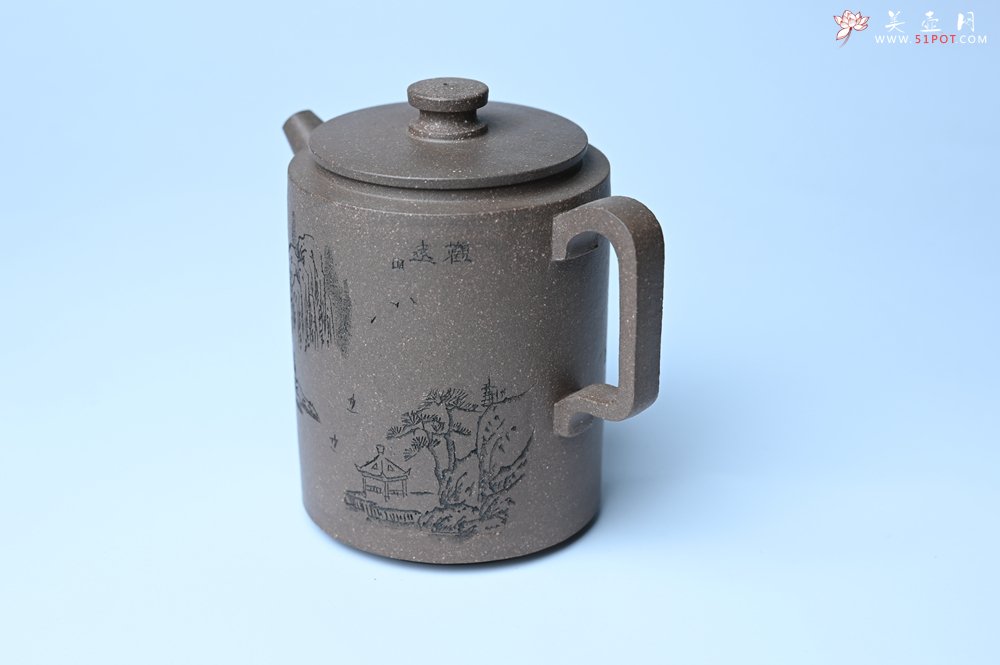 紫砂壶图片：美壶特惠 蠡墅大水潭深井老天青泥 精致圆础壶 装饰山水 茶人醉爱 - 美壶网