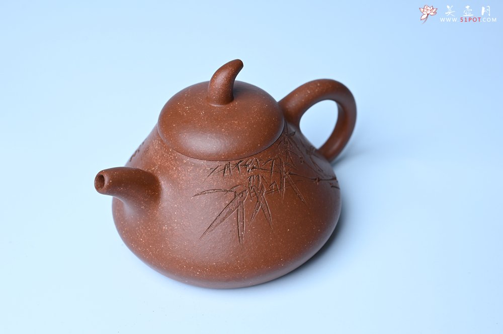 紫砂壶图片：美壶特惠 潜力股王老师 全手工拍打成型茄瓢壶 装饰居不可无竹 特文气 - 美壶网