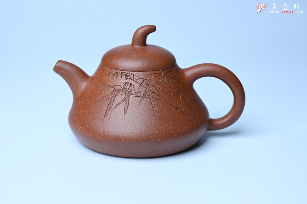 紫砂壶图片：美壶特惠 潜力股王老师 全手工拍打成型茄瓢壶 装饰居不可无竹 特文气 - 美壶网