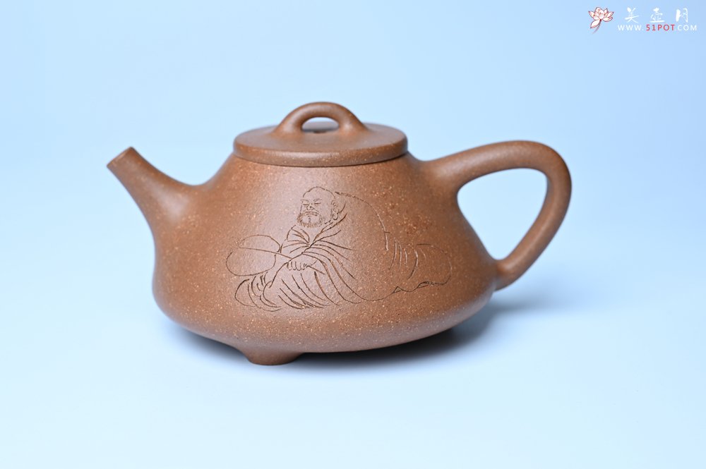 紫砂壶图片：油润五彩段泥 全手工薄胎子冶石瓢 难度大 骨肉匀挺 文气装饰罗汉图 - 美壶网