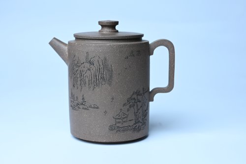 美壶定制老师紫砂壶 美壶特惠 蠡墅大水潭深井老天青泥 精致圆础壶 装饰山水 茶人醉爱 