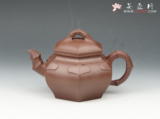 紫砂壶图片：六方竹节如意 450cc 原矿老紫泥 - 美壶网