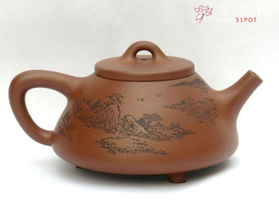 紫砂壶图片：石瓢（陶刻山水） - 美壶网