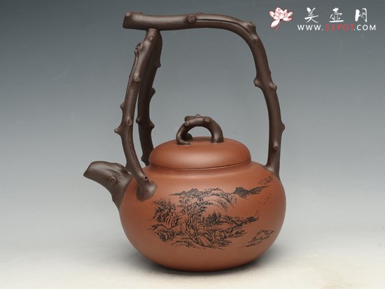 紫砂壶图片：东坡提梁    泥料：原矿老紫泥  容量：800cc - 美壶网