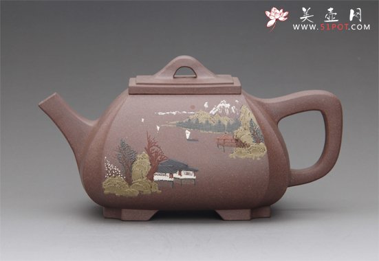 紫砂壶图片：四方抽角石瓢 - 美壶网