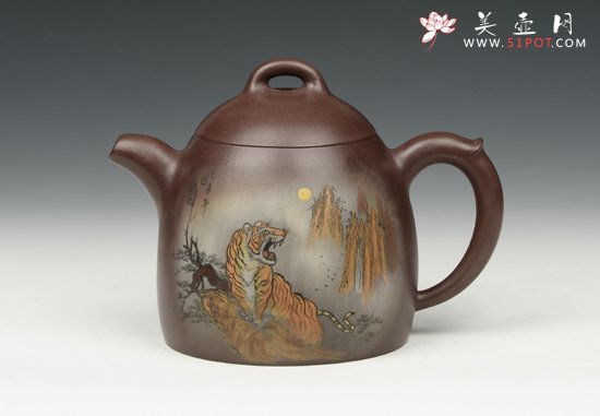 紫砂壶图片：泥绘老虎秦权壶 - 美壶网