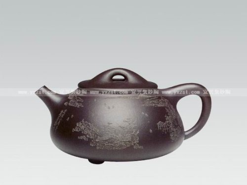 史伟曙紫砂壶 刻山水石瓢壶 