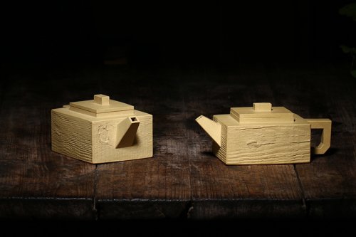 詹弘紫砂壶 四方木纹壶 