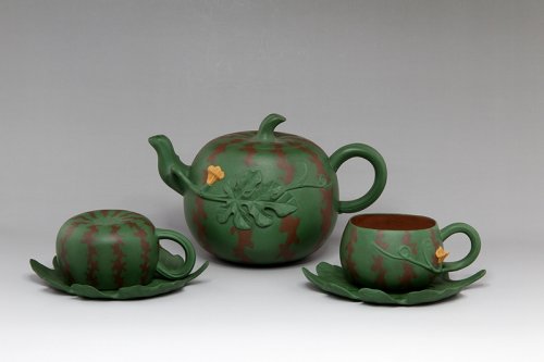 紫砂壶 五件方型西瓜茶具 