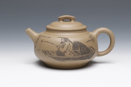 朱萍萍紫砂壶 江上垂钓 朱萍萍制作 朱建伟镌刻 