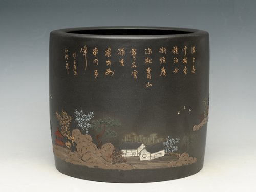 邵文紫砂壶 笔筒（泥绘） 