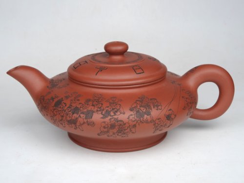 尹月华紫砂壶 百子图大水扁  4... 