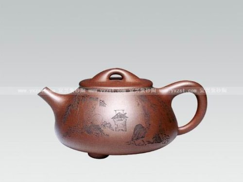 史伟如紫砂壶 刻人物石瓢壶 