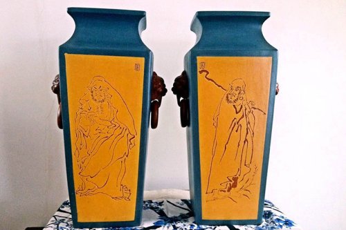 张华杰紫砂壶 四方人物对瓶 