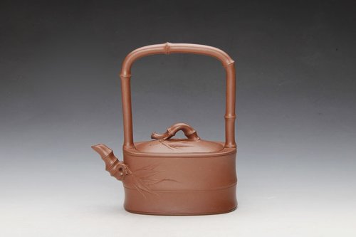 丁俊宏紫砂壶 腰圆竹段 