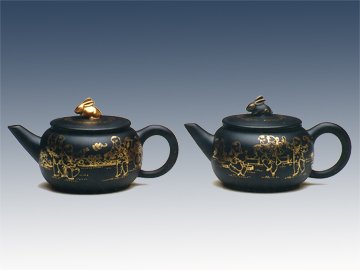 王张坤紫砂壶 描金玉兔对壶 