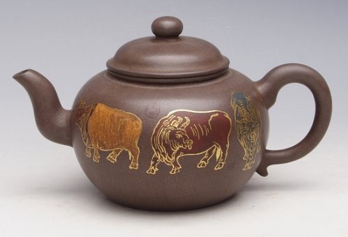 郑彪紫砂壶 描金五牛图 
