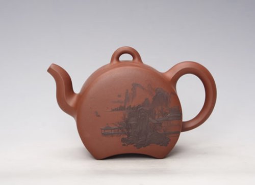 魏治国紫砂壶 泥绘半月壶 