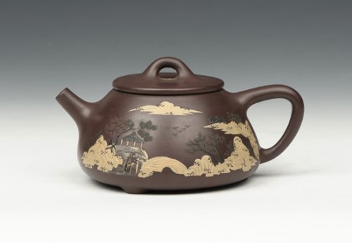 范宴花紫砂壶 泥绘石瓢 