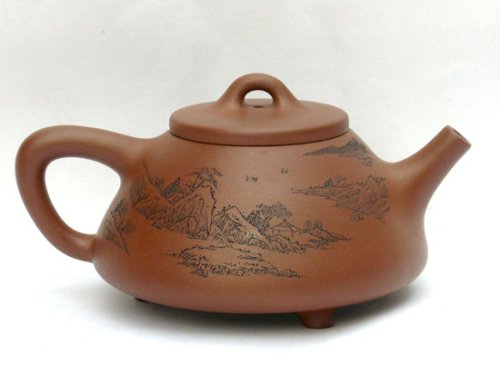 杨仁勤紫砂壶 石瓢（陶刻山水） 