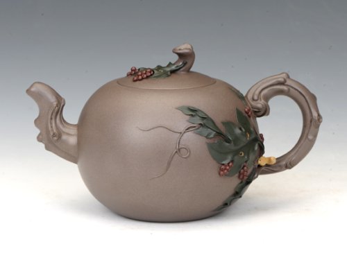 李军紫砂壶 松鼠葡萄 