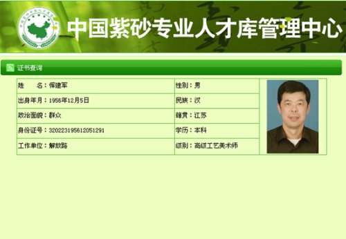 恽建军紫砂壶 查询职称结果 