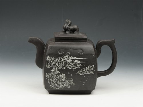 邵慧琴紫砂壶 四方瑞兽 800cc 原矿黑金砂 