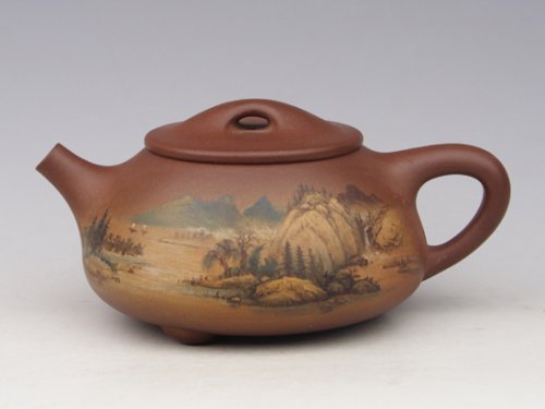 李刚紫砂壶 泥绘石瓢 