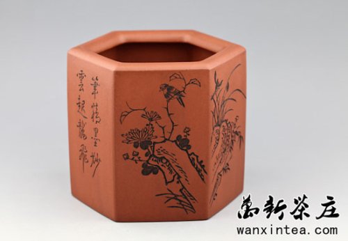 邵新和紫砂壶 [笔桶](雕刻花草） 