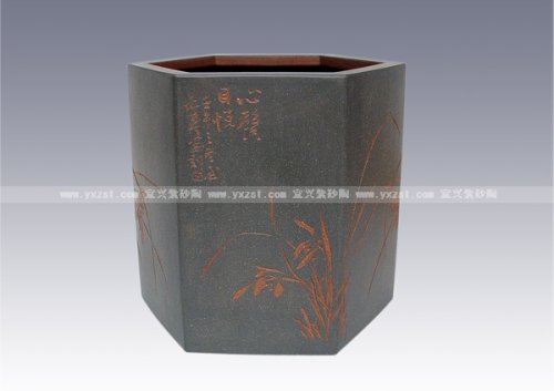 华健紫砂壶 六方笔筒 