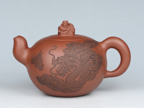 潘雪峰紫砂壶 双龙教子（全手工）容量：550cc 泥料：清水泥 
